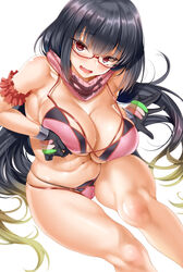  absurdres arm_garter bare_shoulders bikini black_gloves black_hair blush breast_hold breasts brown_hair cle_masahiro commentary_request fate/grand_order fate_(series) female glasses gloves gradient_hair hand_on_own_chest highres large_breasts long_hair looking_at_viewer low_twintails multicolored_hair navel open_mouth osakabehime_(fate) osakabehime_(swimsuit_archer)_(fate) osakabehime_(swimsuit_archer)_(second_ascension)_(fate) pink_bikini pink_scarf purple_eyes red-framed_eyewear scarf sitting solo swimsuit thighs twintails very_long_hair wavy_mouth 