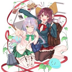  2girls ahoge atelier_(series) atelier_sophie baakurou bag black_legwear blueberry bow breasts brown_eyes brown_hair butterfly_hair_ornament cellphone chair commentary_request cup diamond-shaped_pupils diamond_(shape) drinking_glass duffel_bag food fruit garter_straps green_bow green_eyes green_skirt grey_hair hair_ornament highres large_breasts long_hair looking_at_viewer medium_breasts multiple_girls one_eye_closed pancake pantyhose phone plachta plaid plaid_skirt plate red_bow red_skirt short_hair skirt smartphone sophie_neuenmuller strawberry symbol-shaped_pupils thighhighs twintails white_legwear 