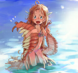  :d ahoge anomalocaris bikini blonde_hair blue_eyes bosako_(haguhagu) commentary_request female flying_sweatdrops haguhagu_(rinjuu_circus) horns long_hair looking_at_viewer messy_hair navel opabinia open_mouth original pink_bikini prehistoric_animal smile solo standing swimsuit very_long_hair wading wet wet_hair 