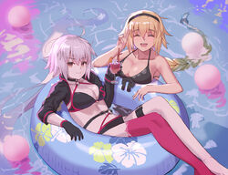  2girls absurdres ahoge bare_shoulders bikini black_bikini black_choker black_gloves blonde_hair blue_eyes breasts choker collarbone commentary fate/grand_order fate_(series) gloves high_ponytail highres innertube jeanne_d&#039;arc_(fate) jeanne_d&#039;arc_(swimsuit_archer)_(fate) jeanne_d&#039;arc_(swimsuit_archer)_(first_ascension)_(fate) jeanne_d&#039;arc_alter_(fate) jeanne_d&#039;arc_alter_(swimsuit_berserker)_(fate) large_breasts long_hair motukan multiple_girls o-ring o-ring_bikini o-ring_bottom one-piece_swimsuit red_legwear sideboob single_glove single_thighhigh swim_ring swimsuit thigh_strap thighhighs very_long_hair white_hair 