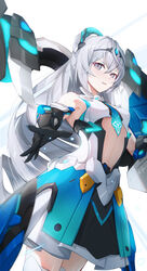  absurdres bare_shoulders black_gloves breasts bronya_zaychik bronya_zaychik_(herrscher_of_truth) clothing_cutout cowboy_shot dress drill_hair female gloves grey_eyes grey_hair hair_between_eyes headgear highres honkai_(series) honkai_impact_3rd long_hair looking_at_viewer ooo_wange open_mouth red_pupils simple_background small_breasts solo stomach_cutout white_background 