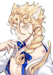  1boy adapted_costume animal_ear_fluff animal_ears birthmark bow braid cat_boy cat_ears center_opening chinese_commentary claws cleavage_cutout clip_studio_paint_(medium) closed_mouth clothing_cutout commentary_request extra_ears giorno_giovanna green_eyes hair_between_eyes hair_ribbon hairbow hand_up highres joestar_birthmark jojo_no_kimyou_na_bouken kemonomimi_mode male_focus pectoral_cleavage pectorals ribbon simple_background single_braid solo studded tiyi_(tiyi_a09) vento_aureo white_background 