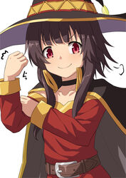  belt black_hair blush bras_d&#039;honneur brown_belt brown_hair cape check_commentary choker collarbone commentary_request dot_nose dress female fingerless_gloves flat_chest gloves hat kono_subarashii_sekai_ni_shukufuku_wo! looking_at_viewer megumin red_eyes short_hair simple_background smile solo translated umarutsufuri white_background witch_hat 