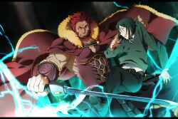  2boys armor beard black_hair bob_cut cape chariot collar_grab commentary_request electricity facial_hair fate/zero fate_(series) green_eyes iskandar_(fate) lightning male_focus multiple_boys necktie parted_bangs red_eyes red_hair sword waver_velvet weapon yun_(neo) 