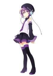  absurdres beret boots clothes_writing detached_sleeves expressionless female full_body hat headphones highres microphone necktie official_art photoshop_(medium) pleated_skirt purple_eyes purple_hair purple_necktie renta_(deja-vu) short_hair simple_background skirt sleeves_past_wrists solo thigh_boots thighhighs utane_uta utau white_background zettai_ryouiki 