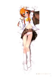  absurdres clothes_lift dakimakura_(medium) female full_body highres kantoku kogamura_uril lying orange_hair panties pink_panties red_eyes school_uniform shinkyoku_soukai_polyphonica shinkyoku_soukai_polyphonica_aphonic_songbird skirt skirt_lift socks solo striped_clothes striped_panties underwear 