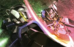  0_gundam armor artist_request ashes battle glowing glowing_eyes green_eyes gundam gundam_00 gundam_exia highres machinery mecha no_humans outstretched_arm robot slashing 