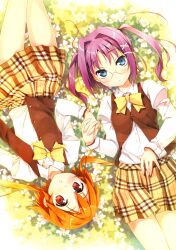  2girls absurdres blue_eyes blush bow brown_eyes dress_shirt flower glasses hair_intakes highres holding_hands interlocked_fingers kantoku kogamura_uril looking_at_viewer lying miniskirt multiple_girls official_art on_back orange_hair plaid plaid_skirt pleated_skirt purple_hair rotational_symmetry sasao_mazel school_uniform shinkyoku_soukai_polyphonica shinkyoku_soukai_polyphonica_aphonic_songbird shirt short_hair sidelocks skirt thigh_gap twintails unbuttoned vest yellow_skirt 