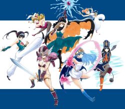  6+girls animal_ears aqua_hair armor ball_and_chain_(weapon) bikini_armor black_hair blonde_hair blue_eyes blue_hat blue_tabard bodysuit boots cape claw_(weapon) coin collage dragon_quest dragon_quest_iii everyone fighter_(dq3) fingerless_gloves flying-u gloves hat helmet jester_(dq3) mace mage_(dq3) merchant_(dq3) multiple_girls pantyhose pink_hair playboy_bunny priest_(dq3) rabbit_ears red_hair sage_(dq3) spiked_ball_and_chain staff sword tabard thighhighs twintails weapon witch_hat 