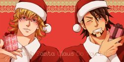  2boys barnaby_brooks_jr. blonde_hair brown_eyes brown_hair christmas commentary_request facial_hair gift glasses green_eyes hat holding holding_gift kaburagi_t._kotetsu male_focus multiple_boys one_eye_closed santa_costume santa_hat stubble tam_(tam0804) tiger_&amp;_bunny 