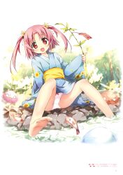  absurdres barefoot blue_kimono blush bow bow_panties female fish floral_print flower hair_flower hair_ornament highres japanese_clothes jumping kantoku kimono open_mouth panties pink_eyes pink_hair shinkyoku_soukai_polyphonica shinkyoku_soukai_polyphonica_aphonic_songbird sitting solo twintails underwear yukata 