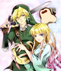  1boy bad_id bad_pixiv_id blonde_hair blue_eyes dress female gloves hat instrument kikwi link lyre machi_(zelda) master_sword photoshop_(medium) pointy_ears princess_zelda smile sword takeda_hotaru the_legend_of_zelda the_legend_of_zelda:_skyward_sword weapon 