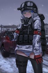  absurdres backpack bag black_pantyhose blunt_bangs blush camouflage camouflage_jacket canteen clothes_pull commentary_request facial_mark female girls&#039;_frontline gloves goggles goggles_on_headwear green_eyes grey_hair ground_vehicle hair_ornament helmet highres hk416_(fang)_(girls&#039;_frontline) hk416_(girls&#039;_frontline) holding holding_canteen jacket kuro_(zhurunbo1997) last_man_battalion long_hair long_sleeves looking_at_viewer military military_uniform motor_vehicle outdoors panties pantyhose pantyhose_pull pulling_own_clothes red_gloves respirator snow snowing striped_clothes striped_panties sweat teardrop thigh_strap tom_clancy&#039;s_the_division underwear uniform vest winter_uniform 