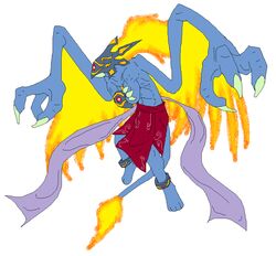  2007 3_fingers ambiguous_gender anklet anthro blue_body bottomwear clawed_fingers claws clothed clothing digital_drawing_(artwork) digital_media_(artwork) digitigrade finger_claws fingers fire flaming_hair flaming_wings jewelry loincloth loincloth_only mask metal_(artist) monster pseudo_hair scarf shirtless simple_background solo spread_wings the_banished_king topless white_background wings 