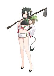  absurdres animal_ears armpits backpack bag bare_legs bare_shoulders black_hair black_shirt braid breasts chinese_clothes commentary cow_ears cow_girl cow_horns cow_tail crop_top female flats full_body gold_trim hand_on_own_hip highres hoe holding holding_hoe horns linnnp long_hair long_sleeves looking_at_viewer midriff navel off_shoulder original revealing_clothes shirt short_shorts shorts sleeveless sleeveless_shirt small_breasts solo stomach symbol-only_commentary tail thighs white_shirt white_shorts wide_sleeves 