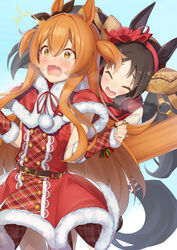  2girls :d ^^^ ^_^ absurdres animal_ears black_hair black_ribbon blush brown_eyes brown_hair capelet christmas closed_eyes commentary_request dress ear_ribbon elbow_gloves fangs fingerless_gloves fur-trimmed_capelet fur-trimmed_dress fur-trimmed_gloves fur_trim gloves hair_between_eyes hand_under_clothes hand_under_dress highres horse_ears horse_girl horse_tail long_hair marvelous_sunday_(umamusume) mayano_top_gun_(formation:_party)_(umamusume) mayano_top_gun_(umamusume) multiple_girls nose_blush o-ring oerba_yun_fang official_alternate_costume partner_(kprtnr) plaid plaid_dress plaid_gloves red_capelet red_dress red_gloves ribbon santa_costume sleeveless sleeveless_dress smile stiff_tail surprised tail tears twintails two_side_up umamusume very_long_hair 