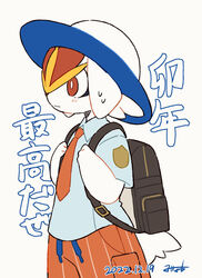  2022 ambiguous_gender anthro backpack blush bodily_fluids bottomwear cinderace clothed clothing collared_shirt dated ears_down flat_colors fluffy fluffy_tail fully_clothed fur generation_8_pokemon hat headgear headwear hi_res japanese_text minamo_(pixiv17726065) naranja_academy necktie nintendo orange_bottomwear orange_clothing orange_necktie orange_shorts pivoted_ears pokemon pokemon_(species) portrait pupils school_uniform scut_tail short_sleeves short_tail shorts signature simple_background solo sweat tail text thick_arms three-quarter_portrait uniform white_background white_body white_fur white_pupils 