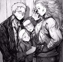  2boys 2girls :o arm_wrap backpack bag blood blood_on_clothes blood_on_face blush boy_sandwich breast_press chains closed_mouth clothes_writing collared_shirt cross cross_earrings dorohedoro earrings ebisu_(dorohedoro) expressionless formal frown fujita_(dorohedoro) girl_sandwich glasses gloves greyscale hand_on_own_hip hand_on_wall hand_up hat height_difference highres inverted_cross jacket jewelry ki_(mxxxx) long_hair long_sleeves looking_at_another looking_at_viewer looking_away looking_back looking_down looking_up monochrome multiple_boys multiple_girls necktie nervous noi_(dorohedoro) sandwiched scythe shin_(dorohedoro) shirt short_hair short_sleeves sideways_glance stitched_fingers suit t-shirt track_suit turtleneck 