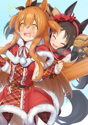  2girls :d ^^^ ^_^ absurdres animal_ears black_hair black_ribbon blush brown_eyes brown_hair capelet christmas closed_eyes commentary_request dress ear_ribbon elbow_gloves fingerless_gloves fur-trimmed_capelet fur-trimmed_dress fur-trimmed_gloves fur_trim gloves hair_between_eyes hand_under_clothes hand_under_dress heart heart_in_mouth highres horse_ears horse_girl horse_tail long_hair marvelous_sunday_(umamusume) mayano_top_gun_(formation:_party)_(umamusume) mayano_top_gun_(umamusume) multiple_girls nose_blush o-ring oerba_yun_fang official_alternate_costume partner_(kprtnr) plaid plaid_dress plaid_gloves red_capelet red_dress red_gloves ribbon santa_costume sleeveless sleeveless_dress smile stiff_tail surprised tail tears twintails two_side_up umamusume very_long_hair wavy_mouth wide-eyed 