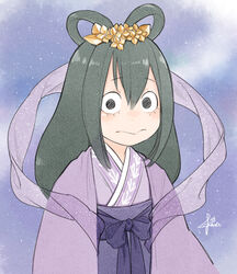  asui_tsuyu black_eyes boku_no_hero_academia cosplay female flower green_hair hagoromo hair_flower hair_ornament hair_rings igawa333 japanese_clothes kimono long_hair looking_at_viewer night night_sky orihime_(tanabata) orihime_(tanabata)_(cosplay) outdoors purple_kimono scarf shawl signature sky solo tanabata upper_body 