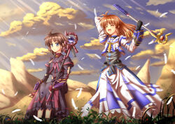  2girls ahoge alternate_hairstyle blue_eyes blush brown_hair closed_eyes cloud commentary_request divinebuster12 dress feathers fingerless_gloves gloves hair_down laughing luciferion lyrical_nanoha magazine_(weapon) magical_girl mahou_shoujo_lyrical_nanoha mahou_shoujo_lyrical_nanoha_a&#039;s mahou_shoujo_lyrical_nanoha_a&#039;s_portable:_the_battle_of_aces mahou_shoujo_lyrical_nanoha_innocent matching_outfits multiple_girls open_mouth raising_heart raising_heart_(accel_mode)_(2nd) red_hair sitting smile staff stern_the_destructor takamachi_nanoha takamachi_nanoha_(exelion_mode) torn_clothes 