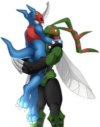  2017 absurd_res anthro arthropod bandai_namco blue_body blue_scales claws digimon digimon_(species) dragon duo flamedramon hi_res horn hug insects male male/male membrane_(anatomy) membranous_wings mythological_creature mythological_scalie mythology scales scalie simple_background spikes stingmon tail unknown_artist wings 