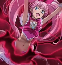  aqua_eyes armpits arms_up belly bow brooch choker cure_melody eyelashes female female_pubic_hair frilled_skirt frilled_sleeves frills from_below hair_ribbon hairbow haruyama_kazunori heart houjou_hibiki jewelry long_hair midriff miniskirt navel open_mouth pink_bow pink_choker pink_hair pink_ribbon precure pubic_hair red_theme ribbon skirt smile solo suite_precure twintails very_long_hair 