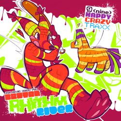  1:1 album_cover avoid_posting baseball_bat bat_(object) colorful_theme cover english_text happy heart_symbol lapfox lapfox_trax male pinata squeedgemonster surprise text the_quick_brown_fox 