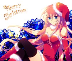  blue_eyes breasts christmas cleavage crossed_legs elbow_gloves female fur_trim gloves hat long_hair medium_breasts megurine_luka merry_christmas miyu_(matsunohara) pink_hair red_gloves santa_costume santa_hat sitting solo thighhighs very_long_hair vocaloid 