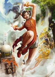  black_hair capcom chinese_clothes jump jumping ling_xiaoyu namco official_art school street_fighter street_fighter_x_tekken tekken translation_request twintails 