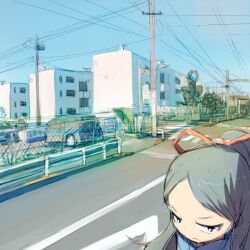  bad_id bad_pixiv_id black_eyes black_hair building chain-link_fence day female fence forehead frown ground_vehicle guard_rail long_hair motor_vehicle original outdoors parted_bangs perspective pixiv_3420933 ponytail power_lines ribbon road road_sign scenery sign solo street traffic_barrier tree utility_pole 