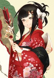  92m arrow_(projectile) bell black_hair bow commentary_request ema female floral_print grin hair_ornament hairbow hamaya japanese_clothes jk_(92m) kimono long_hair original red_kimono seigaiha smile solo 