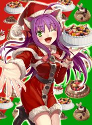  ahoge animal_ears beckoning bell belt boots bow bracelet cake commentary_request dragon_maker female food fruit gaou_(umaiyo_puyoman) green_eyes hairbow hands hat high_heels highres jewelry kiwi_(fruit) long_hair oerba_yun_fang one_eye_closed outstretched_hand photoshop_(medium) purple_hair santa_costume santa_hat shoes smile solo strawberry 