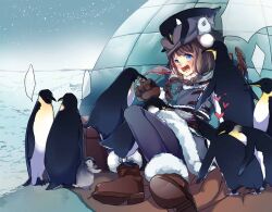  animal bird black_legwear blue_eyes blush boots braid brown_hair coat commentary female fish fur_hat hat heart highres igloo jpeg_artifacts long_hair nicohi night night_sky open_mouth original pantyhose penguin photoshop_(medium) sky snow snow_shelter star_(symbol) twin_braids 