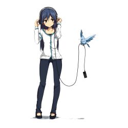  absurdres bird blue_hair bluebird brown_eyes casual collarbone commentary_request digital_media_player female hands_on_headphones headphones highres idolmaster idolmaster_(classic) kisaragi_chihaya long_hair long_sleeves ohayohayo pants partial_commentary smile solo 