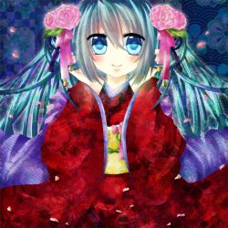  bad_id bad_pixiv_id bell blue_eyes colorized female flower hair_flower hair_ornament hatsune_miku japanese_clothes kimono long_hair looking_at_viewer petals red_kimono smile solo vocaloid yoitsukishin 