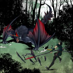  1boy ahoge bad_id bad_pixiv_id battle black_hair crossover diarmuid_ua_duibhne_(lancer)_(fate) dragon fate/zero fate_(series) male_focus mazaki_kei monster monster_hunter_(series) nargacuga polearm spear weapon yellow_eyes 