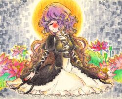  blush brown_hair closed_eyes commentary_request female flower gradient_hair halo halo_behind_head hijiri_byakuren lily_pad long_hair lotus multicolored_hair okinamaro511 purple_hair red_flower saint smile solo touhou very_long_hair 