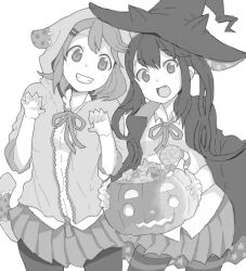  2girls candy commentary_request food greyscale grin halloween hat hat_with_ears hirasawa_yui hood hoodie jack-o&#039;-lantern jacket jacket_on_shoulders k-on! kuzu_kow monochrome multiple_girls nakano_azusa oekaki oerba_yun_fang open_mouth pantyhose sleeves_rolled_up smile striped_clothes striped_pantyhose tail twintails witch_hat zipper 