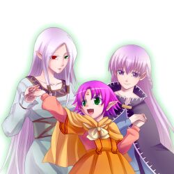  3girls :d ane-suisei cloak commentary_request dress facial_mark fae_(fire_emblem) fire_emblem fire_emblem:_the_binding_blade forehead_mark green_eyes heterochromia holding_hands idunn_(fire_emblem) long_hair multiple_girls open_mouth orange_skirt photoshop_(medium) pink_hair pointy_ears purple_eyes purple_hair red_eyes short_hair skirt smile sophia_(fire_emblem) very_long_hair 