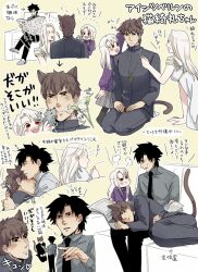  2boys 2girls :t animal_ears bed black_eyes black_hair brown_eyes brown_hair cat_ears cat_tail cat_teaser couch cross cross_necklace emiya_kiritsugu family fate/zero fate_(series) illyasviel_von_einzbern irisviel_von_einzbern jewelry kemonomimi_mode kotomine_kirei long_hair moratorian multiple_boys multiple_girls necklace necktie newspaper pet pout red_eyes scolding seiza short_hair sitting sleeping stuffed_animal stuffed_mouse stuffed_toy tail toy translation_request white_hair 