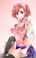  bandana bandeau bare_shoulders breasts bruise camisole commentary_request cosaten devil_survivor dirty female gradient_background highres injury large_breasts open_mouth pink_background red_eyes red_hair short_hair skirt solo striped striped_bandeau sweatdrop thighhighs torn_clothes torn_skirt torn_thighhighs yuzu_tanigawa 