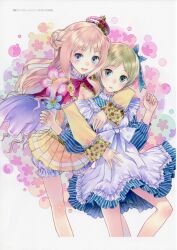  2girls absurdres arched_crown arm_around_neck atelier_(series) atelier_meruru bare_shoulders blonde_hair bloomers blue_eyes bow braid breasts cape cleavage dress flower frills hair_ribbon half_updo hat highres kaena_swaya kishida_mel long_hair merurulince_rede_arls multiple_girls open_mouth patterned photoshop_(medium) red_bow red_crown ribbon short_hair skirt small_breasts smile tilted_headwear underwear waist_bow white_bloomers 