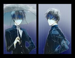  2boys absurdres aki_(sakami) black_hair blue_eyes commentary_request dual_persona glasses highres male_focus melty_blood multiple_boys nanaya_shiki rain school_uniform tohno_shiki tsukihime umbrella 