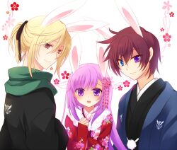  2boys animal_ears asbel_lhant bad_id bad_pixiv_id blonde_hair blue_eyes brown_eyes brown_hair extra_ears female heterochromia japanese_clothes kemonomimi_mode miyu_(matsunohara) multiple_boys purple_eyes purple_hair rabbit_ears richard_(tales) smile sophie_(tales) tales_of_(series) tales_of_graces 