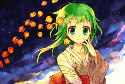  chinese_lantern_(plant) cloud collarbone earrings female green_eyes green_hair gumi hair_ornament japanese_clothes jewelry kimono lights miyu_(matsunohara) night night_sky short_hair_with_long_locks sidelocks sky solo vocaloid yellow_kimono 