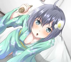  :o ahoge aqua_kimono araragi_tsukihi awl bad_id bad_pixiv_id bakemonogatari black_hair blue_eyes blush downblouse egg_(food) egg_hair_ornament female food food-themed_hair_ornament fried_egg hair_ornament holding japanese_clothes kimono monogatari_(series) nisemonogatari open_mouth reverse_grip short_hair shuga_(soranote) solo 