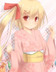  :3 alternate_costume bag blonde_hair clenched_hands commentary_request female flandre_scarlet hair_ornament hair_ribbon hairclip japanese_clothes kimono kinchaku long_hair looking_at_viewer no_headwear obi pink_kimono pouch red_eyes ribbon sakurea sash short_hair side_ponytail smile solo touhou wings 