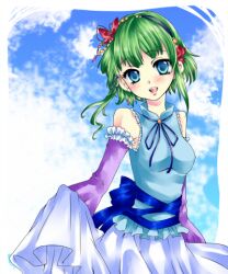  bad_id bad_pixiv_id bare_shoulders blue_eyes blush breasts clothes_lift detached_sleeves dress dress_lift female green_hair gumi looking_at_viewer lowres medium_breasts open_mouth short_hair solo vocaloid yoitsukishin 