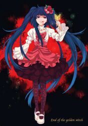  blood blue_eyes blue_hair bow bug butterfly commentary_request copyright_name cross-laced_clothes cross-laced_skirt end_of_the_golden_witch female flower frilled_skirt frills furudo_erika hair_flower hair_ornament hat high-waist_skirt long_hair mary_janes pantyhose pink_bow rose shoes skirt solo twintails umineko_no_naku_koro_ni youaresober 